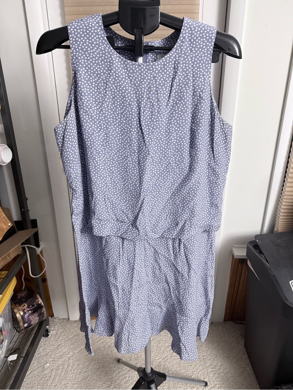 Vintage sleeveless denim blue white polka dot dress tiered overlay flounce hem